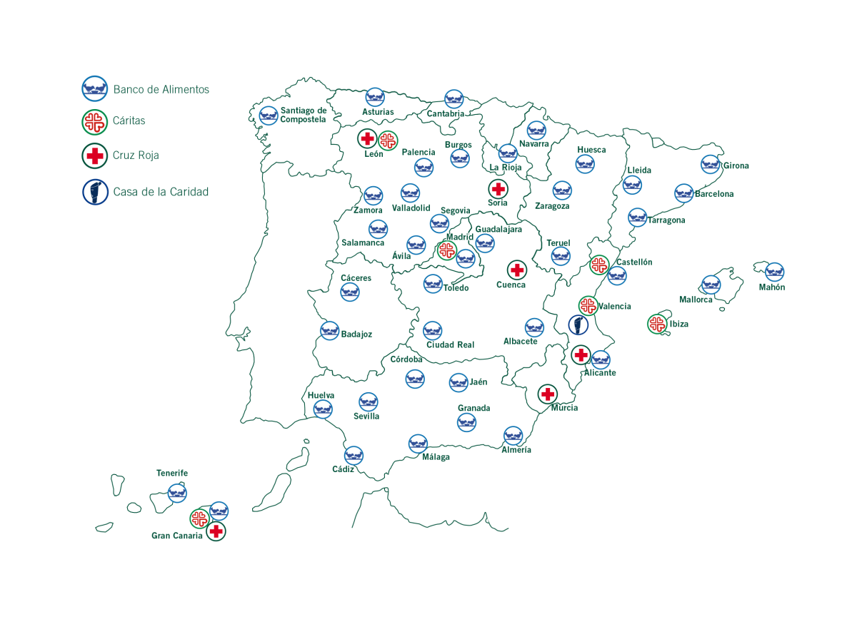 Mapa de colaboraciones de Mercadona con entidades benéficas españolas