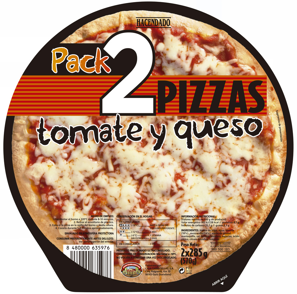 PACK 2 PIZZAS TOMATE Y QUESO