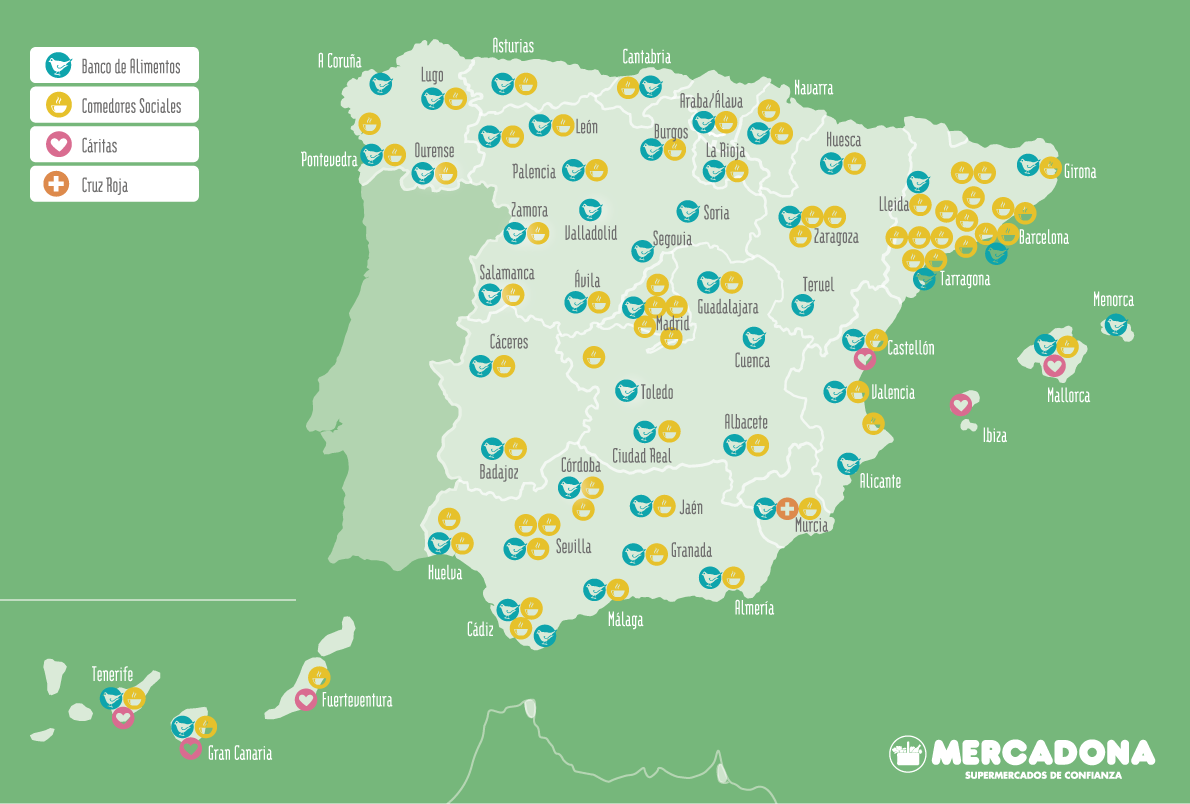 Mapa de donaciones de alimentos de Mercadona a entidades sociales 2014